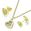 Oro Laminado Earring and Pendant Adult Set, Gold Filled Style Heart Design, with White Micro Pave, Polished, Golden Finish, 10.199.0155