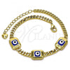 Oro Laminado Fancy Bracelet, Gold Filled Style Evil Eye and Miami Cuban Design, Blue Enamel Finish, Golden Finish, 03.213.0181.07