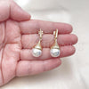 Oro Laminado Dangle Earring, Gold Filled Style Ball Design, with Ivory Cubic Zirconia, Polished, Golden Finish, 02.213.0727