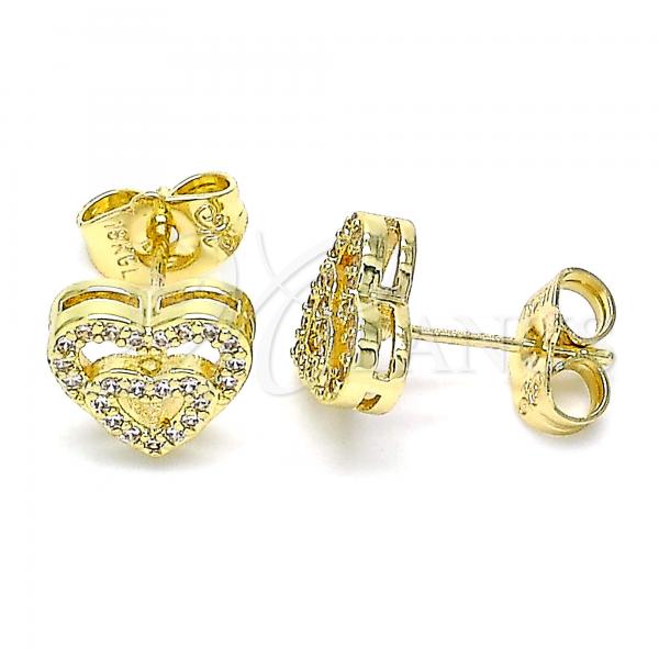 Oro Laminado Stud Earring, Gold Filled Style Heart Design, with White Micro Pave, Polished, Golden Finish, 02.156.0622