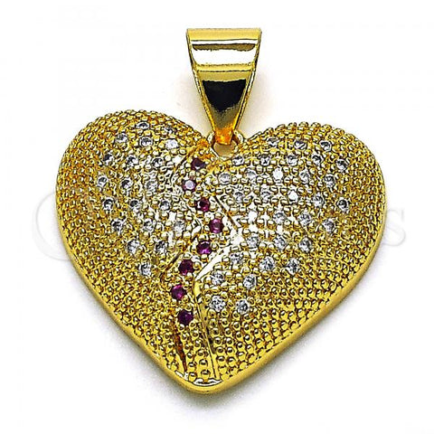 Oro Laminado Fancy Pendant, Gold Filled Style Heart Design, with White and Ruby Micro Pave, Polished, Golden Finish, 05.342.0108