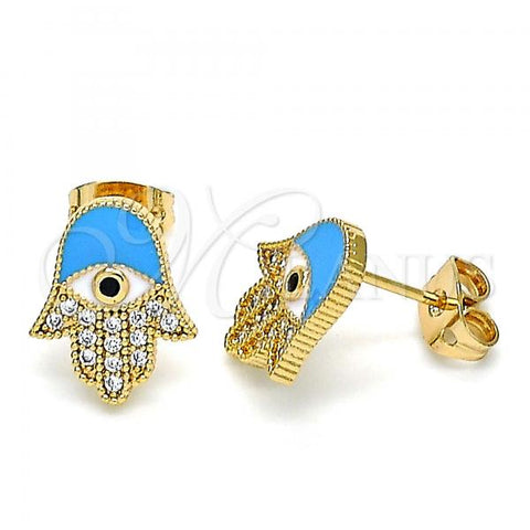 Oro Laminado Stud Earring, Gold Filled Style Hand of God Design, with White and Black Micro Pave, Light Blue Enamel Finish, Golden Finish, 02.213.0269.1