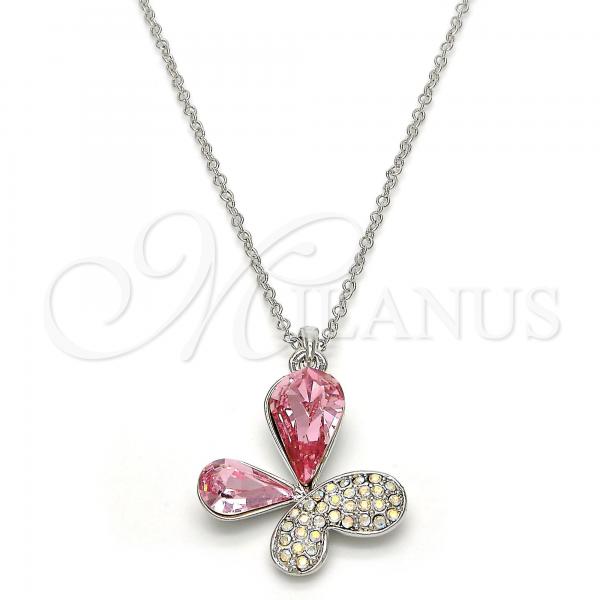 Rhodium Plated Pendant Necklace, Butterfly Design, with Light Rose and Aurore Boreale Swarovski Crystals, Polished, Rhodium Finish, 04.239.0043.10.18