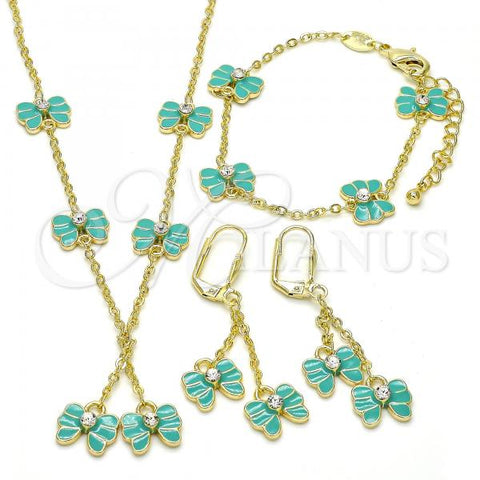 Oro Laminado Earring and Pendant Children Set, Gold Filled Style Butterfly Design, with White Crystal, Turquoise Enamel Finish, Golden Finish, 06.60.0004