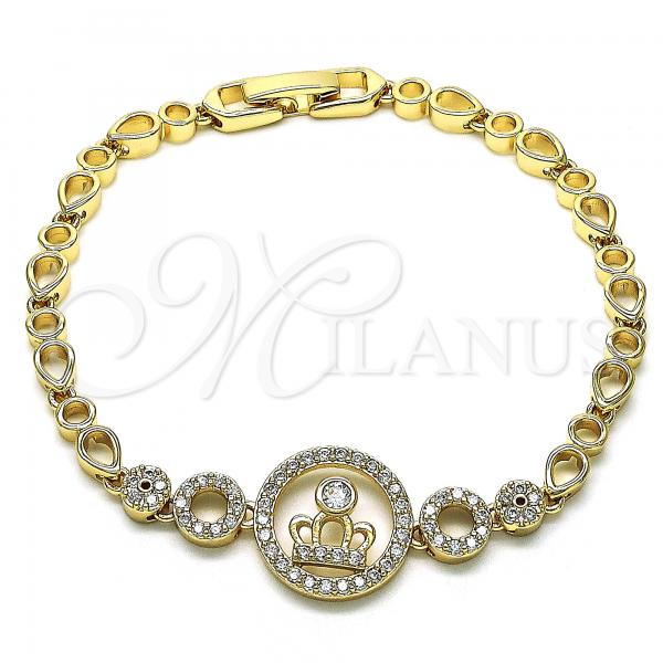 Oro Laminado Fancy Bracelet, Gold Filled Style Crown and Teardrop Design, with White Cubic Zirconia and White Micro Pave, Polished, Golden Finish, 03.283.0158.07
