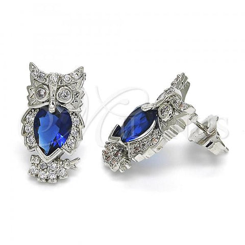Rhodium Plated Stud Earring, Owl Design, with Sapphire Blue and White Cubic Zirconia, Polished, Rhodium Finish, 02.210.0161.7