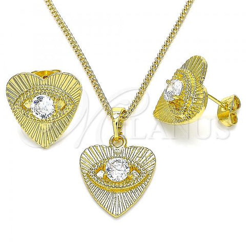 Oro Laminado Earring and Pendant Adult Set, Gold Filled Style Evil Eye and Heart Design, with White Cubic Zirconia, Polished, Golden Finish, 10.379.0023
