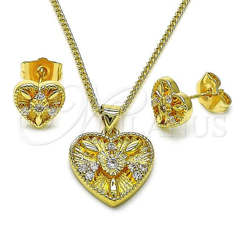 Oro Laminado Earring and Pendant Adult Set, Gold Filled Style Heart Design, with White Cubic Zirconia, Polished, Golden Finish, 10.156.0480