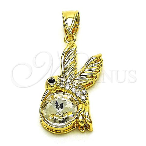 Oro Laminado Fancy Pendant, Gold Filled Style Eagle Design, with White Crystal and White Micro Pave, Diamond Cutting Finish, Golden Finish, 05.411.0007