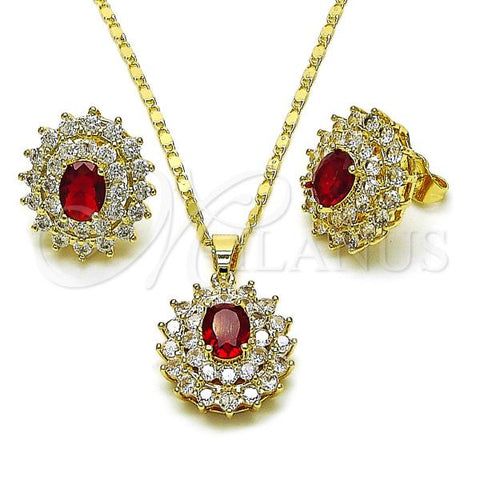 Oro Laminado Earring and Pendant Adult Set, Gold Filled Style Cluster Design, with Garnet and White Cubic Zirconia, Polished, Golden Finish, 10.284.0046.2