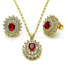 Oro Laminado Earring and Pendant Adult Set, Gold Filled Style Cluster Design, with Garnet and White Cubic Zirconia, Polished, Golden Finish, 10.284.0046.2