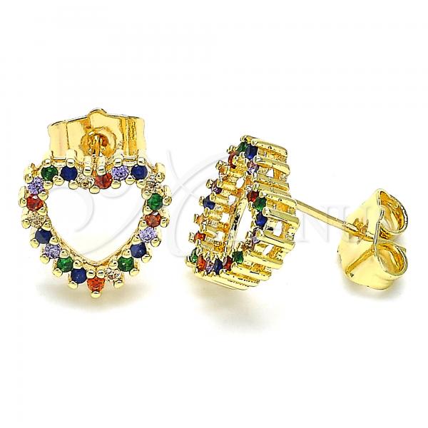 Oro Laminado Stud Earring, Gold Filled Style Heart Design, with Multicolor Micro Pave, Polished, Golden Finish, 02.94.0122.2