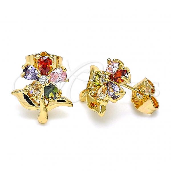 Oro Laminado Stud Earring, Gold Filled Style Flower Design, with Multicolor Cubic Zirconia, Polished, Golden Finish, 02.387.0077