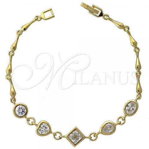 Oro Laminado Fancy Bracelet, Gold Filled Style Heart Design, with White Cubic Zirconia, Polished, Golden Finish, 5.028.007