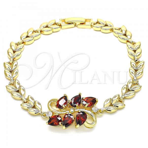 Oro Laminado Fancy Bracelet, Gold Filled Style Teardrop and Leaf Design, with Garnet and White Cubic Zirconia, Polished, Golden Finish, 03.210.0128.07