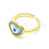 Oro Laminado Multi Stone Ring, Gold Filled Style Evil Eye and Heart Design, with White Mother of Pearl and White Micro Pave, Polished, Golden Finish, 01.341.0064