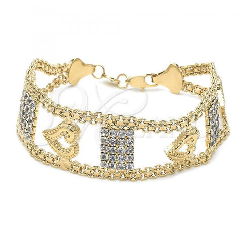 Oro Laminado Fancy Bracelet, Gold Filled Style Heart Design, with White Cubic Zirconia, Polished, Golden Finish, 24.005