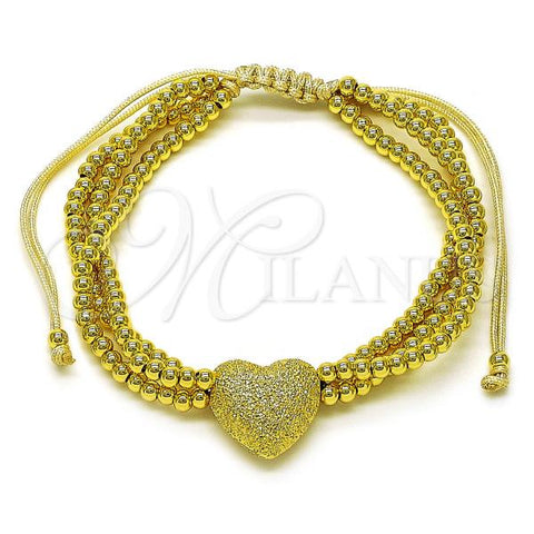 Oro Laminado Adjustable Bolo Bracelet, Gold Filled Style Heart and Ball Design, Matte Finish, Golden Finish, 03.341.0231.11