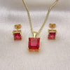 Oro Laminado Earring and Pendant Adult Set, Gold Filled Style with Ruby Cubic Zirconia, Polished, Golden Finish, 10.342.0106.3