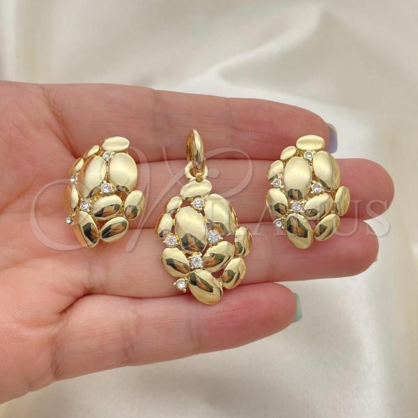 Oro Laminado Earring and Pendant Adult Set, Gold Filled Style Grape Design, with White Cubic Zirconia, Polished, Golden Finish, 10.59.0222