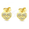 Oro Laminado Stud Earring, Gold Filled Style Heart and Love Design, with White Micro Pave, Polished, Golden Finish, 02.156.0504