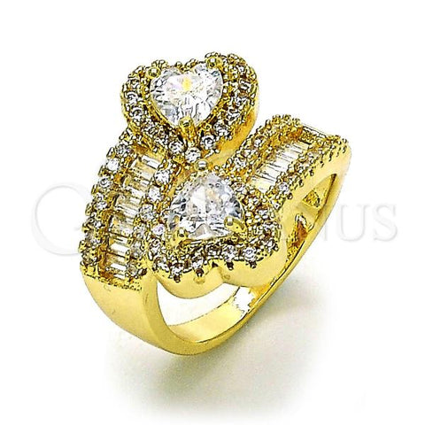 Oro Laminado Multi Stone Ring, Gold Filled Style Heart and Baguette Design, with White Cubic Zirconia and White Micro Pave, Polished, Golden Finish, 01.283.0035