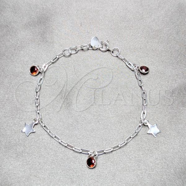 Sterling Silver Charm Bracelet, Star Design, with Garnet Cubic Zirconia, Polished, Silver Finish, 03.409.0171.07