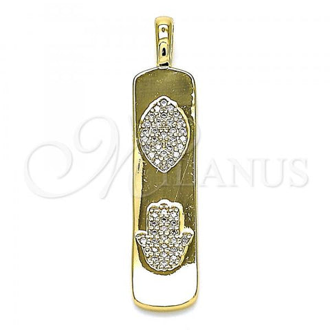 Oro Laminado Religious Pendant, Gold Filled Style Evil Eye and Hand of God Design, with White Micro Pave, Polished, Golden Finish, 05.342.0045