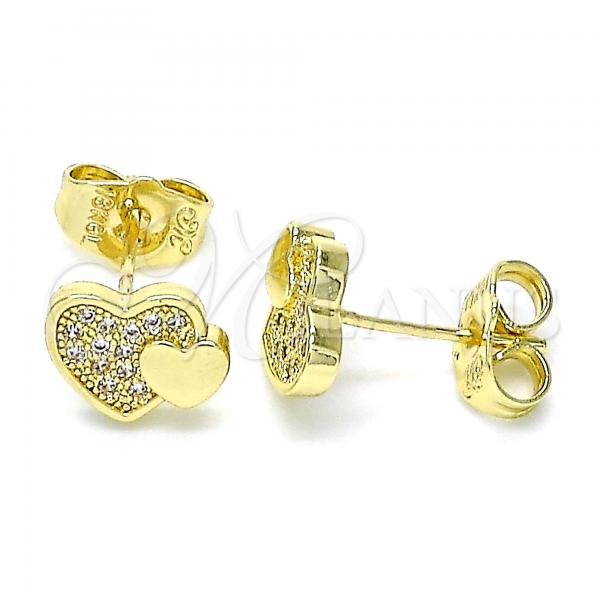 Oro Laminado Stud Earring, Gold Filled Style Heart Design, with White Micro Pave, Polished, Golden Finish, 02.199.0036