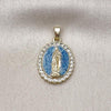 Oro Laminado Religious Pendant, Gold Filled Style Guadalupe Design, with White Cubic Zirconia, Light Blue Enamel Finish, Golden Finish, 05.284.0019.2