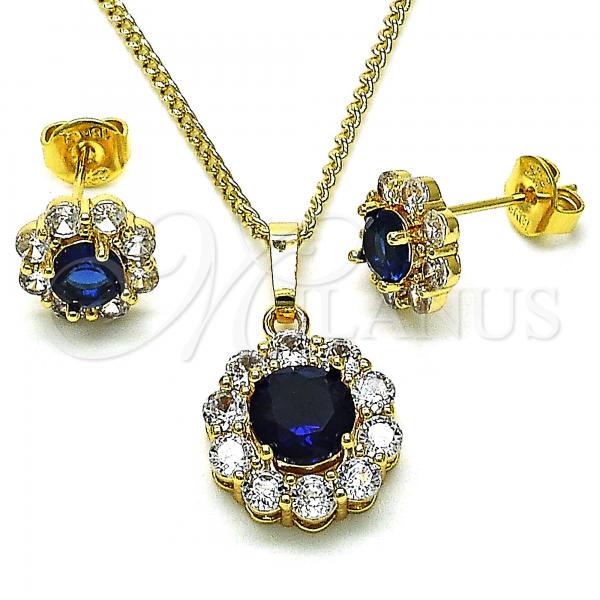 Oro Laminado Earring and Pendant Adult Set, Gold Filled Style Flower Design, with Sapphire Blue and White Cubic Zirconia, Polished, Golden Finish, 10.199.0086.10