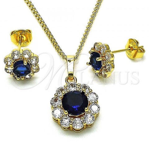 Oro Laminado Earring and Pendant Adult Set, Gold Filled Style Flower Design, with Sapphire Blue and White Cubic Zirconia, Polished, Golden Finish, 10.199.0086.10