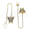 Oro Laminado Threader Earring, Gold Filled Style Butterfly Design, with Multicolor Micro Pave, Polished, Golden Finish, 02.210.0361.1