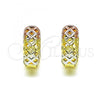 Oro Laminado Huggie Hoop, Gold Filled Style Flower Design, Diamond Cutting Finish, Tricolor, 02.102.0071.15