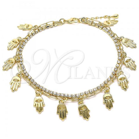 Oro Laminado Charm Anklet , Gold Filled Style Hand of God and Paperclip Design, with White Crystal, Polished, Golden Finish, 03.372.0014.10