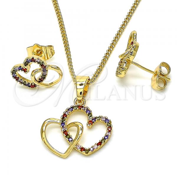 Oro Laminado Earring and Pendant Adult Set, Gold Filled Style Heart Design, with Multicolor Cubic Zirconia, Polished, Golden Finish, 10.316.0042