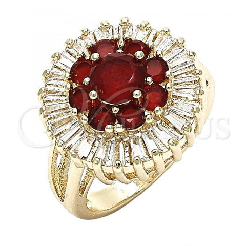 Oro Laminado Multi Stone Ring, Gold Filled Style Flower Design, with Ruby and White Cubic Zirconia, Polished, Golden Finish, 01.210.0104.1.06 (Size 6)