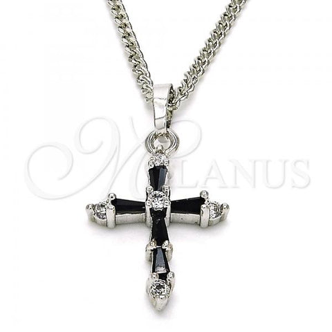 Rhodium Plated Pendant Necklace, Cross Design, with Black and White Cubic Zirconia, Polished, Rhodium Finish, 04.284.0009.6.22