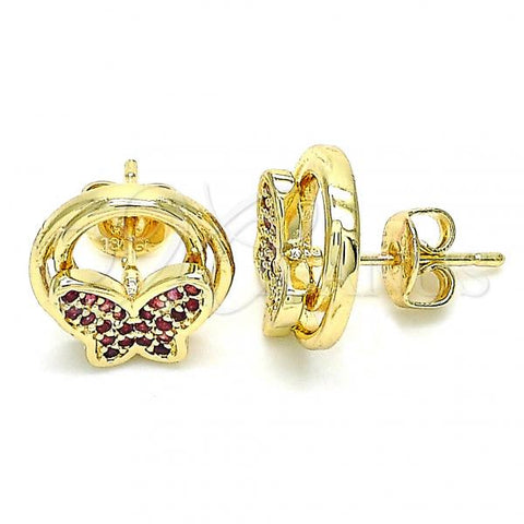 Oro Laminado Stud Earring, Gold Filled Style Butterfly Design, with Ruby Micro Pave, Polished, Golden Finish, 02.156.0453.1