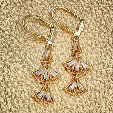 Oro Laminado Long Earring, Gold Filled Style with White Cubic Zirconia, Polished, Golden Finish, 02.323.0065
