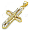 Oro Laminado Religious Pendant, Gold Filled Style Crucifix Design, with White Crystal, Polished, Golden Finish, 05.253.0056