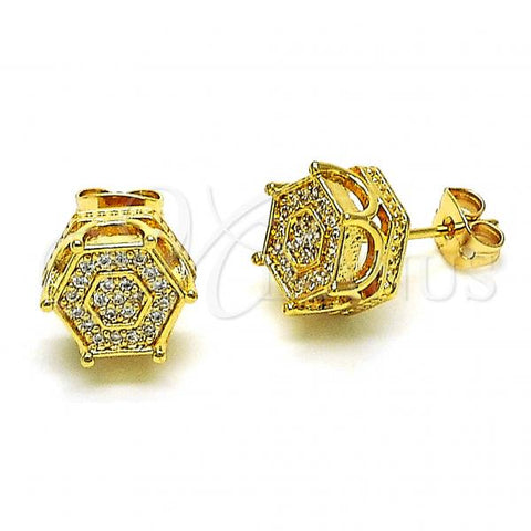 Oro Laminado Stud Earring, Gold Filled Style with White Micro Pave, Polished, Golden Finish, 02.342.0248