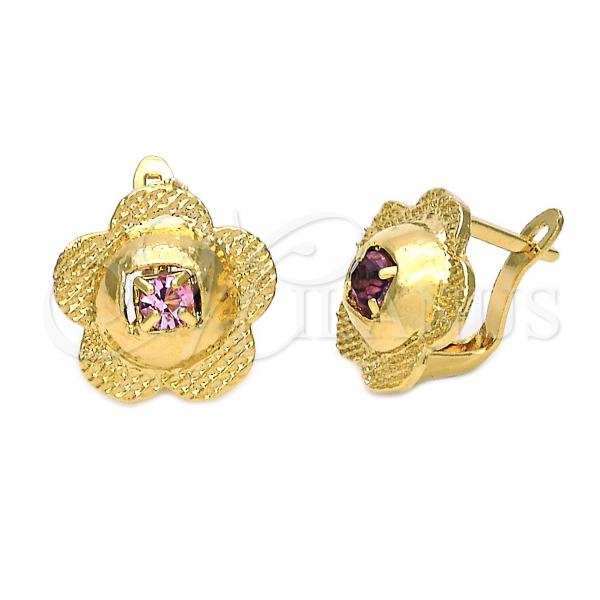 Oro Laminado Leverback Earring, Gold Filled Style Flower Design, with Rhodolite Cubic Zirconia, Diamond Cutting Finish, Golden Finish, 5.127.051