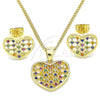 Oro Laminado Earring and Pendant Adult Set, Gold Filled Style Heart Design, with Multicolor Micro Pave, Polished, Golden Finish, 10.156.0274.3