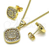 Oro Laminado Earring and Pendant Adult Set, Gold Filled Style Baguette and Cluster Design, with White Cubic Zirconia and White Micro Pave, Polished, Golden Finish, 10.342.0097