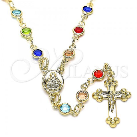 Oro Laminado Medium Rosary, Gold Filled Style Caridad del Cobre and Crucifix Design, with Multicolor Crystal, Polished, Golden Finish, 09.326.0003.18