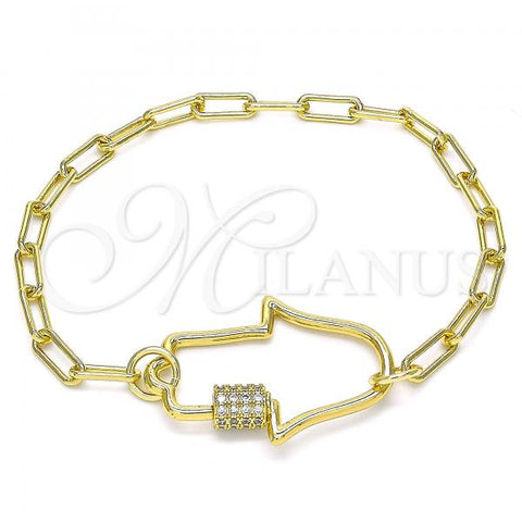 Oro Laminado Fancy Bracelet, Gold Filled Style Hand of God Design, with White Micro Pave, Polished, Golden Finish, 03.341.0076.07