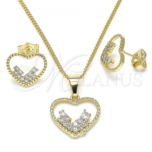 Oro Laminado Earring and Pendant Adult Set, Gold Filled Style Heart Design, with White Micro Pave, Polished, Golden Finish, 10.284.0010