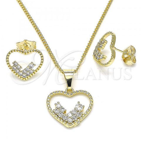 Oro Laminado Earring and Pendant Adult Set, Gold Filled Style Heart Design, with White Micro Pave, Polished, Golden Finish, 10.284.0010