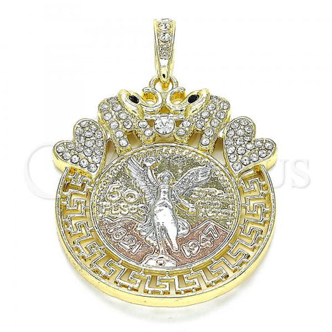 Oro Laminado Religious Pendant, Gold Filled Style Centenario Coin and Angel Design, with White and Black Crystal, Polished, Tricolor, 05.380.0018